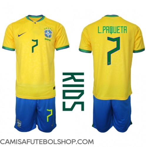 Camisa de time de futebol Brasil Lucas Paqueta #7 Replicas 1º Equipamento Infantil Mundo 2022 Manga Curta (+ Calças curtas)